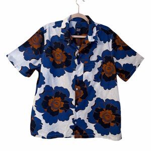Gap Linen Blend Short Sleeve Button Down Shirt L Blue Orange Floral Vacation